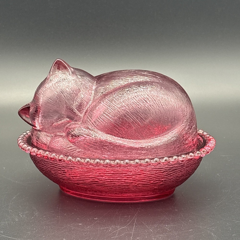 Vintage Indiana Glass Cranberry Pink Sleeping Cat on Nest Covered Candy Dish 7"